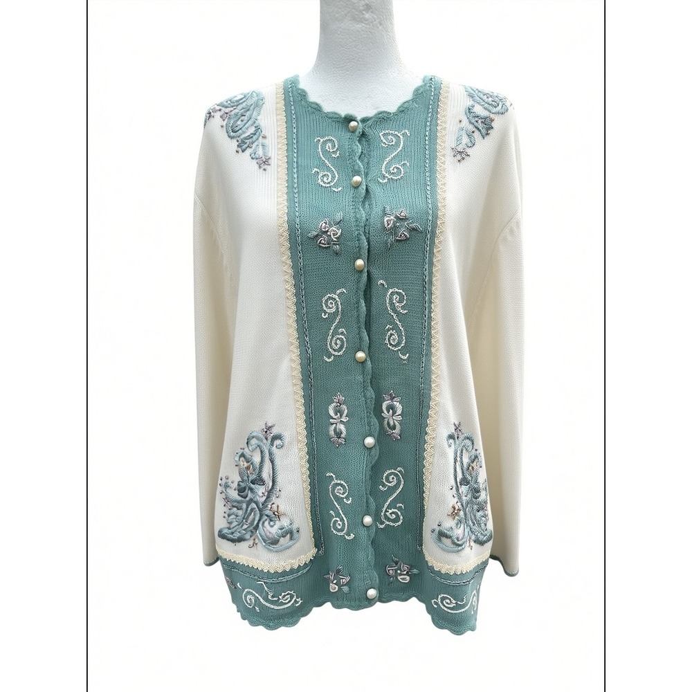 Koret Women Cardigan Sweater Size 1X Teal Cream Embroidered Beaded 215N761